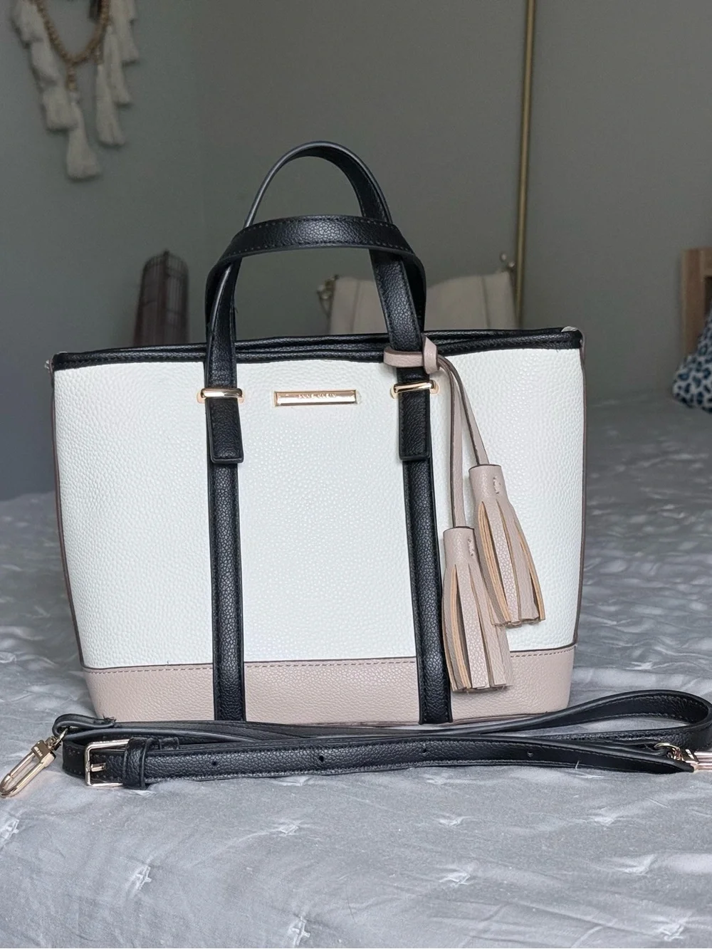 Anne Klein Colorblock Pebbled Tote in Black, White, Cream